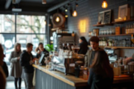 Fondo borroso de una ajetreada cafetería con clientes disfrutando de sus bebidas y baristas elaborando café, creando un animado espacio comunitario. Resplandeciente.