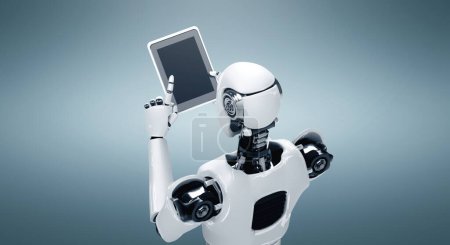 Foto de MLB Ilustración 3D Robot humanoide utilizando tableta de ordenador en la oficina futura, mientras que el uso de cerebro pensamiento AI, inteligencia artificial y el proceso de aprendizaje automático. 4ª revolución industrial 3D - Imagen libre de derechos