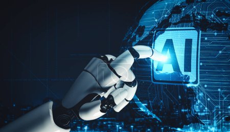 Foto de MLB 3D renderizado inteligencia artificial Investigación de inteligencia artificial de robot androide y desarrollo de cyborg para el futuro de las personas que viven. Diseño de tecnología digital de minería de datos y aprendizaje automático para cerebro de computadora. - Imagen libre de derechos