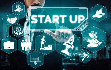 Start Up Business of Creative People Konzept - Moderne grafische Oberfläche, die das Symbol des Unternehmertums, des Fonds und des Projektplans zur Gründung eines neuen Kleinunternehmens durch eine intelligente Gruppe von Unternehmern zeigt. uds