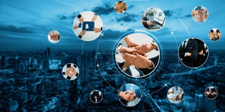 Teamwork und Human Resources HR-Management-Technologie-Konzept im Unternehmensgeschäft mit Menschen Gruppennetzwerk zur Unterstützung von Partnerschaft, Vertrauen, Teamarbeit und Einheit der Mitarbeiter im Büro