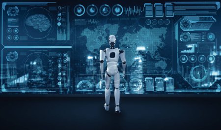 Téléchargez les photos : Robot d'illustration 3D MLB humanoïde analysant les mégadonnées à l'aide d'un processus d'intelligence artificielle et d'apprentissage automatique dans le concept de la 4e quatrième révolution industrielle. - en image libre de droit