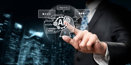 L'humain interagit avec l'intelligence artificielle intelligence artificielle chatbot assistant virtuel dans le concept de l'intelligence artificielle intelligence artificielle invite ingénierie, LLM IA deep learning to use generative AI for work support. FaaS
