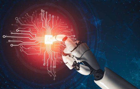 Téléchargez les photos : MLB 3D rend le développement technologique futuriste des robots droïdes, l'intelligence artificielle IA et le concept d'apprentissage automatique. Recherche mondiale en sciences bioniques robotiques pour l'avenir de la vie humaine. - en image libre de droit