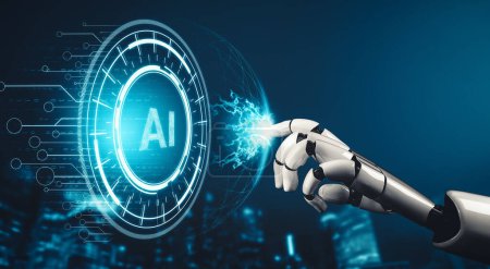Téléchargez les photos : MLB 3D rend le développement technologique futuriste des robots droïdes, l'intelligence artificielle IA et le concept d'apprentissage automatique. Recherche mondiale en sciences bioniques robotiques pour l'avenir de la vie humaine. - en image libre de droit