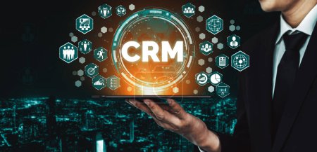 Photo for CRM Customer Relationship Management for business sales marketing system concept presented in futuristic graphic interface of service application to support CRM database analysis. uds - Royalty Free Image