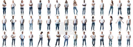 Collage group of people wearing casual white t-shirt jeans over isolated background. Large tee clothing collection set team with a happy pose and cool smile person male and female. crisp edges style