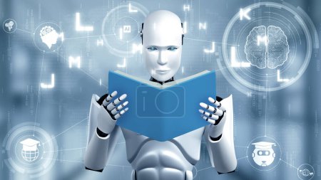 Téléchargez les photos : MLB 3d illustration de robot hominoïde livre de lecture dans le concept de future intelligence artificielle et 4e quatrième révolution industrielle. - en image libre de droit