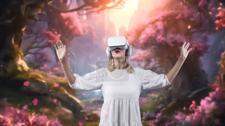 Photo for Excited smiling fantastic world woman looking around by VR in fairytale forest wonderland in pink maple leaves falling fresh air in meta magical fantasy jungle creativity pastel spring. Contraption. - Royalty Free Image