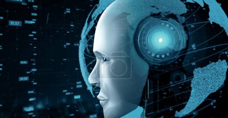 Foto de MLB Ilustración 3D Robot futurista inteligencia artificial huminoide AI desarrollo de tecnología analítica de datos y concepto de aprendizaje automático. Investigación científica biónica robótica global para el futuro del ser humano - Imagen libre de derechos