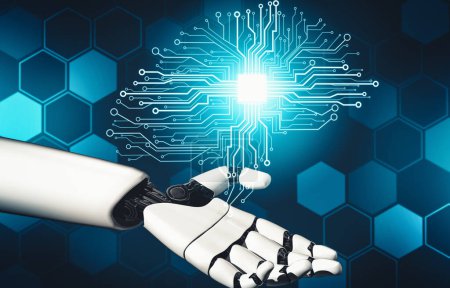Foto de MLB 3D renderizado futurista desarrollo de tecnología de robot androide, inteligencia artificial AI, y el concepto de aprendizaje automático. Investigación científica biónica robótica global para el futuro de la vida humana. - Imagen libre de derechos