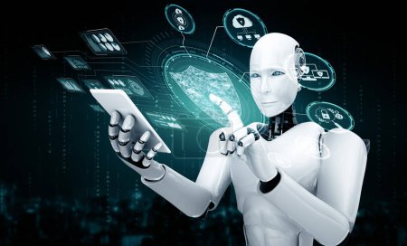 Foto de MLB 3d ilustración AI robot utilizando la seguridad cibernética para proteger la privacidad de la información. Concepto futurista de prevención del delito cibernético mediante inteligencia artificial y proceso de aprendizaje automático. Renderizado 3D - Imagen libre de derechos