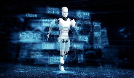 Foto de MLB Ilustración 3D Robot humanoide corriendo mostrando movimiento rápido y energía vital en concepto de desarrollo futuro de la innovación hacia el cerebro de IA y el pensamiento de inteligencia artificial mediante el aprendizaje automático - Imagen libre de derechos