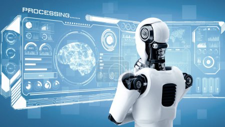 Téléchargez les photos : Illustration 3D MLB Penser robot hominoïde IA analysant écran hologramme montrant concept de cerveau IA et intelligence artificielle pensée par processus d'apprentissage automatique. rendu 3D. - en image libre de droit