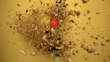 Photo for Close up of group of oat cereal flying in super slow motion with strawberry with yellow background. Top down view of cornflake explosion at camera. Nourishing healthy breakfast concept. Comestible. - Royalty Free Image