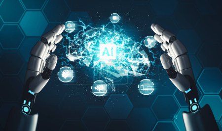 Foto de MLB 3D renderizado futurista desarrollo de tecnología de robot androide, inteligencia artificial AI, y el concepto de aprendizaje automático. Investigación científica biónica robótica global para el futuro de la vida humana. - Imagen libre de derechos