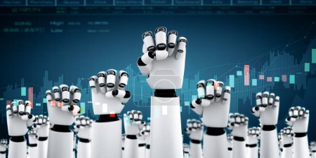 Téléchargez les photos : MLB Illustration 3D Technologie financière future contrôlée par un robot IA utilisant l'apprentissage automatique et l'intelligence artificielle pour analyser les données commerciales et donner des conseils sur les décisions d'investissement et de trading - en image libre de droit