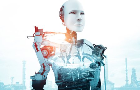 Foto de MLB Robot industrial mecanizado y brazos robóticos imagen de doble exposición. Concepto de inteligencia artificial para la revolución industrial y el proceso de fabricación de automatización en la futura fábrica. - Imagen libre de derechos
