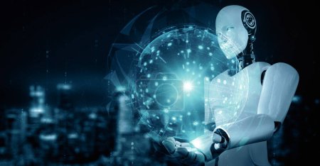 Téléchargez les photos : Le robot hominoïde d'IA d'illustration 3d de MLB tenant l'écran d'hologramme montre le concept de réseau de communication global utilisant la pensée d'intelligence artificielle par le processus d'apprentissage automatique. Ordinateur de rendu 3D - en image libre de droit