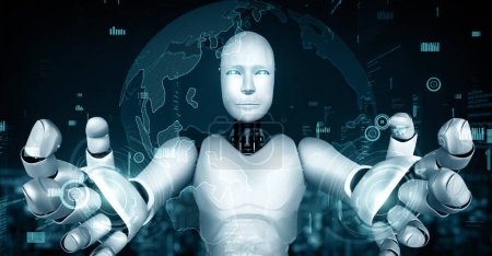 Téléchargez les photos : Illustration 3D MLP Robot futuriste intelligence artificielle huminoid AI programmation codage développement technologique et concept d'apprentissage automatique. Recherche en bionique robotique pour l'avenir de l'homme - en image libre de droit