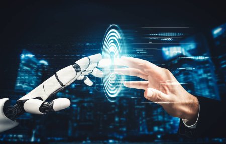 Téléchargez les photos : MLP 3D rendering futuristic droid robot technology development, artificial intelligence AI, and machine learning concept. Global robotic bionic science research for future of human life. - en image libre de droit