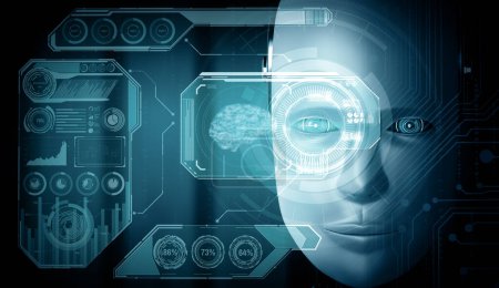 Foto de Ilustración MLP 3D Robot cara humanoide de cerca con el concepto gráfico de big data analítica por el cerebro de pensamiento AI, inteligencia artificial y el proceso de aprendizaje automático para el cuarto cuarto industrial - Imagen libre de derechos