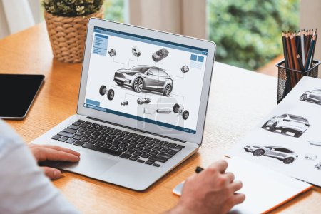 Photo for Car design engineer analyze car prototype for automobile business at home office. Automotive engineering designer carefully analyze, finding flaws and improvement for car design with laptop Synchronos - Royalty Free Image
