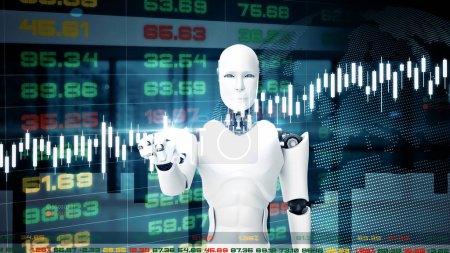 Téléchargez les photos : MLB Illustration 3D Robot futuriste, intelligence artificielle CGI pour le trading boursier. Homme robotique 3D rendu animation. Illustration 3D. - en image libre de droit