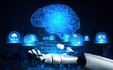 Foto de MLB 3D renderizado inteligencia artificial Investigación de IA del desarrollo de robots y cyborg para el futuro de las personas que viven. Diseño de tecnología digital de minería de datos y aprendizaje automático para cerebro de computadora. - Imagen libre de derechos