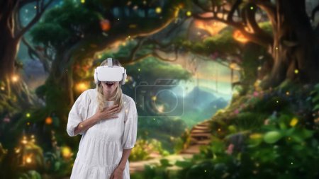 Photo for Impressive woman looking through VR in wonderland bokeh circle fall metaverse in wildflower stair forest fairytale getting fresh air in meta fantasy jungle natural imaginary creativity. Contraption. - Royalty Free Image