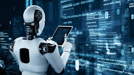 Foto de Ilustración MLP 3D Robot futurista inteligencia artificial huminoide IA programación codificación tecnología desarrollo y aprendizaje automático concepto. Investigación científica biónica robótica para el futuro del ser humano - Imagen libre de derechos