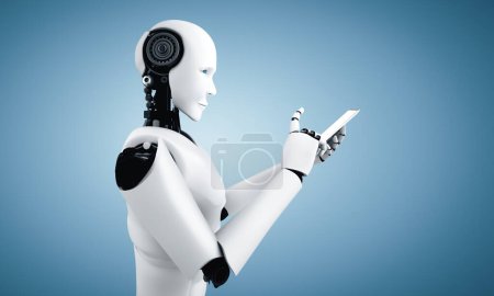 Téléchargez les photos : Illustration 3D MLP L'humanoïde robot utilise le téléphone portable ou la tablette dans son futur bureau tout en utilisant le cerveau intelligent, l'intelligence artificielle et le processus d'apprentissage automatique. 4ème quatrième révolution industrielle 3D - en image libre de droit