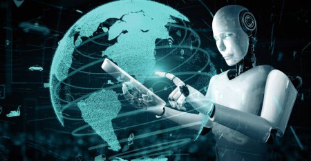 Téléchargez les photos : Illustration MLB 3d Robot futuriste intelligence artificielle huminoïde IA transport développement de technologies analytiques et concept d'apprentissage automatique. Recherche mondiale en robotique pour l'avenir de - en image libre de droit