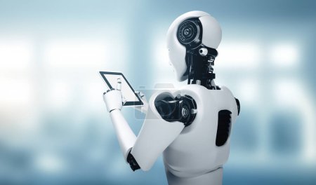 Téléchargez les photos : Illustration 3D MLB Robot humanoïde utilisant un ordinateur tablette dans le futur bureau tout en utilisant la pensée IA cerveau, intelligence artificielle et processus d'apprentissage automatique. 4ème quatrième révolution industrielle 3D - en image libre de droit