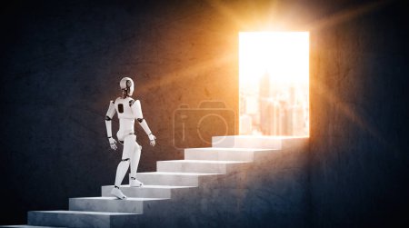 Photo for MLP 3d illustration robot humanoid walk up stair to success and goals achievement. Concept of AI thinking brain and machine learning process for the 4th fourth industrial revolution. - Royalty Free Image