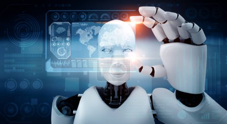 Téléchargez les photos : Illustration 3D MLP Robot humanoïde détiennent écran d'hologramme HUD dans le concept de cerveau de pensée IA, intelligence artificielle et processus d'apprentissage automatique pour la 4ème quatrième révolution industrielle. 3D - en image libre de droit
