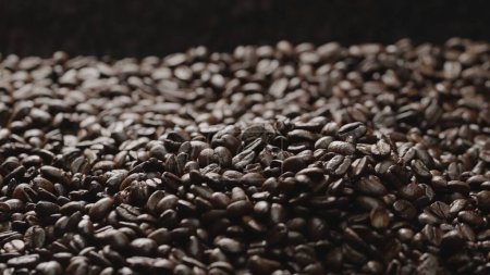 Macro shot of super slow motion shot of fresh coffee bean placed with black background. Close up of piles of aromatic roasted coffee seed surrounded. Macrography. Beans scattering around. Comestible.