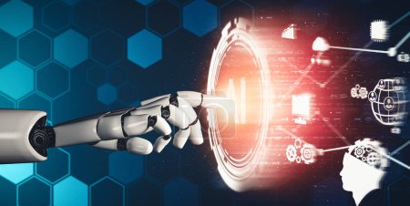 Téléchargez les photos : MLP 3D rendant futuriste développement de la technologie de robot droïde, intelligence artificielle IA, et concept d'apprentissage automatique. Recherche mondiale en sciences bioniques robotiques pour l'avenir de la vie humaine. - en image libre de droit