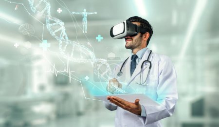 Photo for Skilled doctor using VR goggles and research about genetic while standing at lab. Professional doctor wearing visual reality headset to researching about medical theory while holding chart. Deviation. - Royalty Free Image