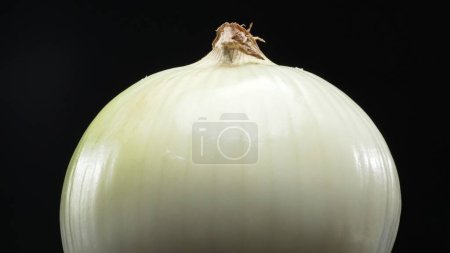 A close-up of a fresh peeled onion, sliced paper-thin, placed with black background. White and yellow layers cascade down, each a promise of crisp texture and pungent bite. Macrography. Comestible.