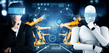Téléchargez les photos : MLP Robot industriel mécanisé et travailleur humain travaillant ensemble dans la future usine. Concept d'intelligence artificielle pour la révolution industrielle et l'automatisation des processus de fabrication. - en image libre de droit
