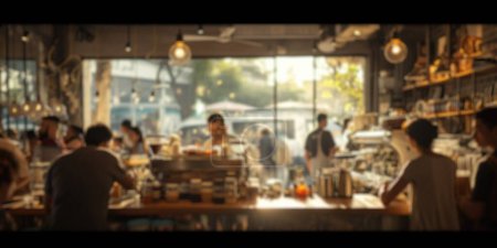 Photo for Blurred background of a busy coffee shop with patrons enjoying their drinks and baristas crafting coffee, creating a lively community space. Resplendent. - Royalty Free Image