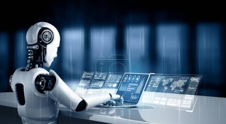 Foto de Ilustración MLP 3D Robot humanoide utilizar el ordenador portátil y sentarse a la mesa para el análisis de big data utilizando el cerebro de pensamiento AI, la inteligencia artificial y el proceso de aprendizaje automático para el cuarto industrial - Imagen libre de derechos