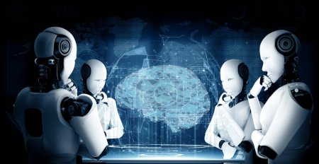 Foto de Ilustración MLP 3D Pensamiento Robot humanoide AI que analiza la pantalla del holograma mostrando el concepto de cerebro AI y el pensamiento de inteligencia artificial mediante el proceso de aprendizaje automático. Ilustración 3D. - Imagen libre de derechos