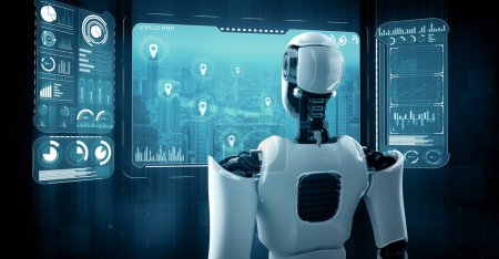 Foto de MLB 3d ilustración hominoide AI robot mirando la pantalla del holograma que muestra el concepto de big data analítica utilizando inteligencia artificial por el proceso de aprendizaje automático. Renderizado 3D. - Imagen libre de derechos