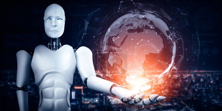 Téléchargez les photos : Le robot humanoïde d'IA d'illustration 3d de MLB tenant l'écran d'hologramme montre le concept de réseau de communication global utilisant la pensée d'intelligence artificielle par le processus d'apprentissage automatique. Ordinateur d'illustration 3D - en image libre de droit