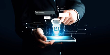 El ser humano interactúa con la inteligencia artificial de inteligencia artificial asistente virtual chatbot en el concepto de inteligencia artificial de inteligencia artificial de ingeniería rápida, LLM AI aprendizaje profundo para utilizar la IA generativa para el soporte de trabajo. PNL