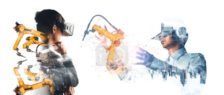 Téléchargez les photos : MLP Future VR technologie pour la commande de bras robotisée industrielle mécanisée. Concept de technologie robotique pour la révolution industrielle et les processus de fabrication automatisés. - en image libre de droit