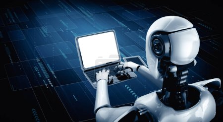 Photo for MLP 3d illustration Robot humanoid use laptop and sit at table in future office while using AI thinking brain , artificial intelligence and machine learning process. 4th fourth industrial revolution - Royalty Free Image