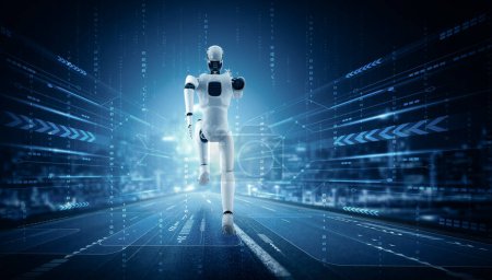 Téléchargez les photos : MLP Illustration 3D Robot humanoïde en cours d'exécution montrant un mouvement rapide et une énergie vitale dans le concept de développement de l'innovation future vers le cerveau IA et l'intelligence artificielle en pensant par apprentissage automatique - en image libre de droit